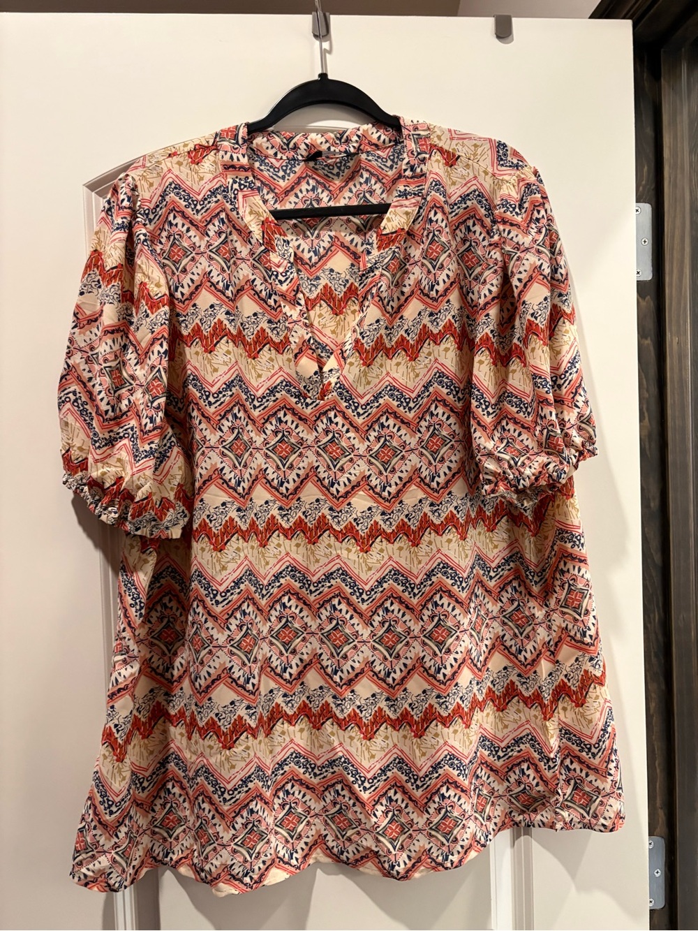 Printed Puff-Sleeve V-Neck Blouse
